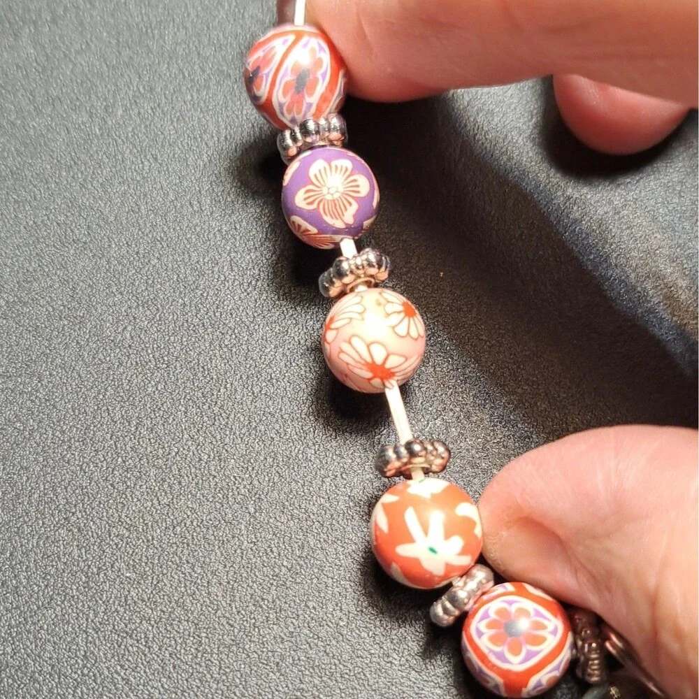 Multicolor FIMO Floral Beaded Stretch Charm Bracelet, Acrylic Heart 